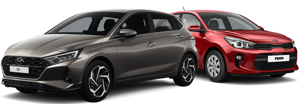 Two hatchback rental cars, displayed for comparison in a fleet category.