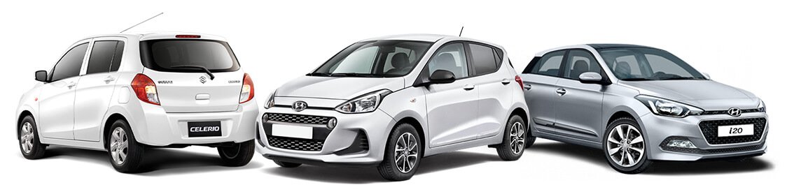 Three compact hatchback cars displayed side-by-side on a white background, representing rental car options