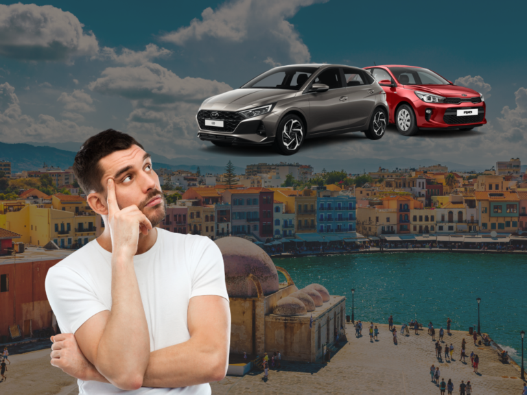 Man in a white shirt looking up and pointing to his head while deciding between a grey and a red car, superimposed over the Chania Venetian Harbour.